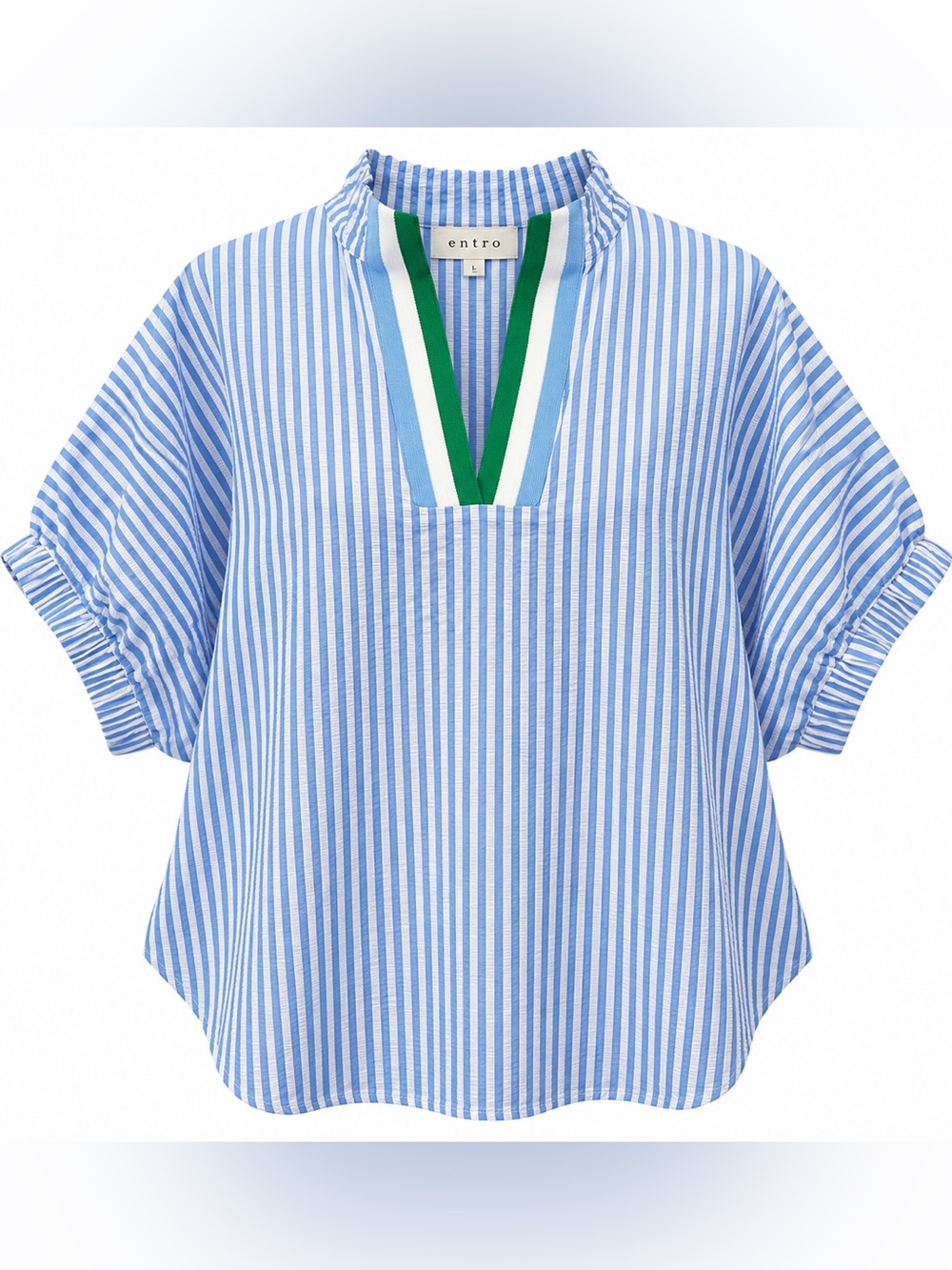Entro Blue White Striped Seersucker Top Green Contrast Trim L